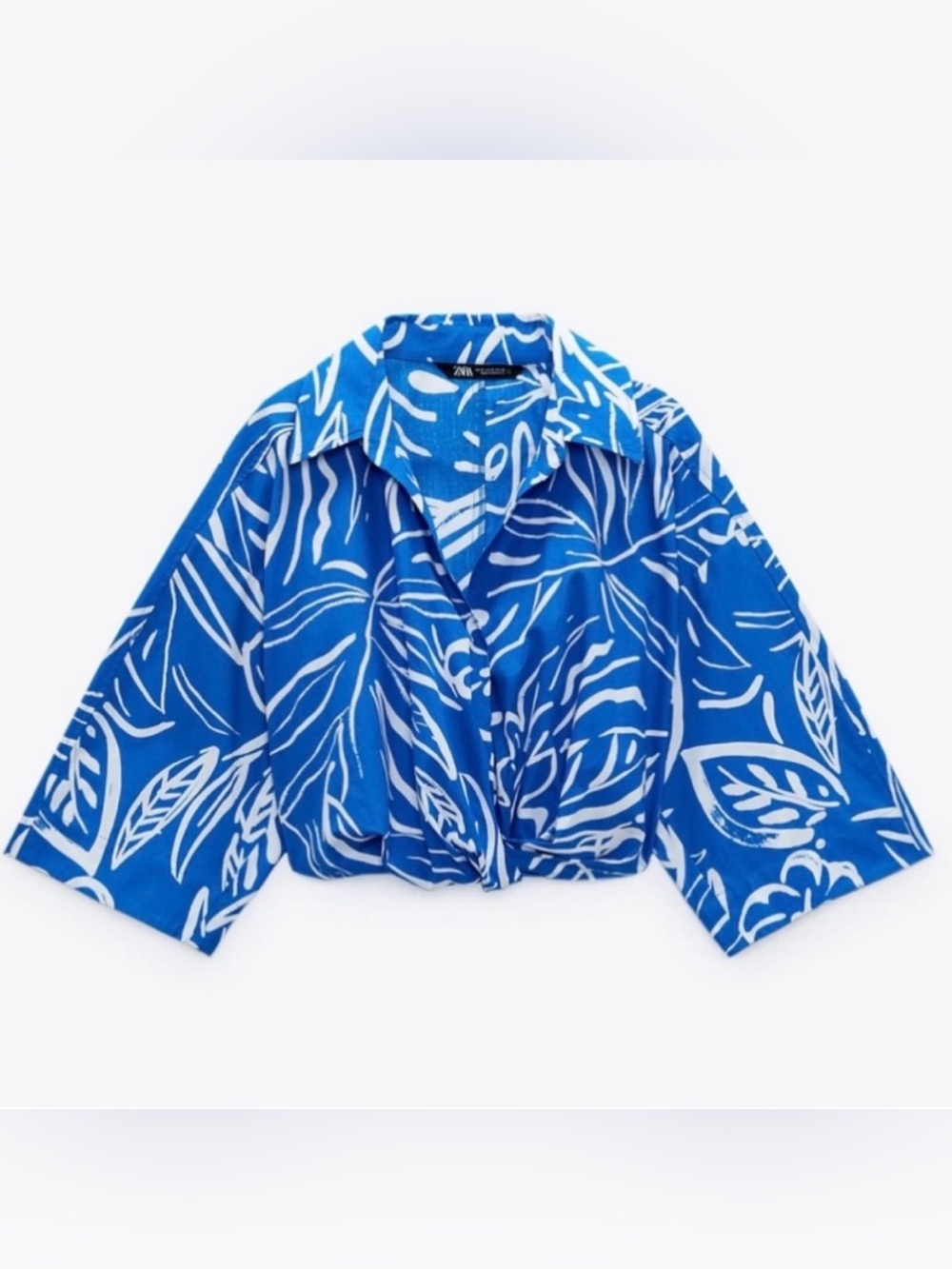 ZARA TURQUOISE & WHITE BEACH PATTERN CROPPED TOP BLOUSY WITH FULL SLEEVES SZ SM